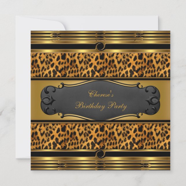 Birthday Party Leopard Animal Prints Gold Black Invitation (Front)