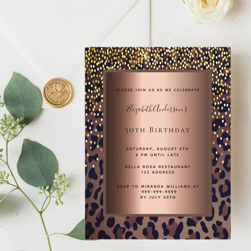 Birthday party leopard pattern bronze invitation postcard
