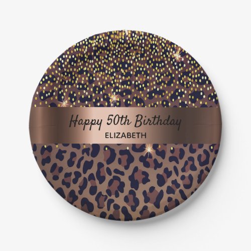 Birthday Party leopard pattern bronze metallic Paper Plates