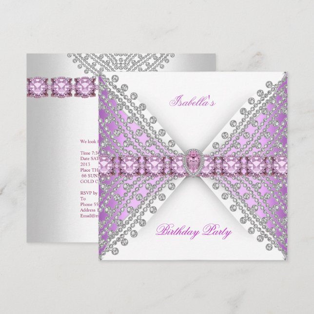 Birthday Party Lilac Pink Silver White Diamond Bow Invitation (Front/Back)