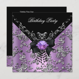 Birthday Party Lilac Purple Black Silver Damask Invitation