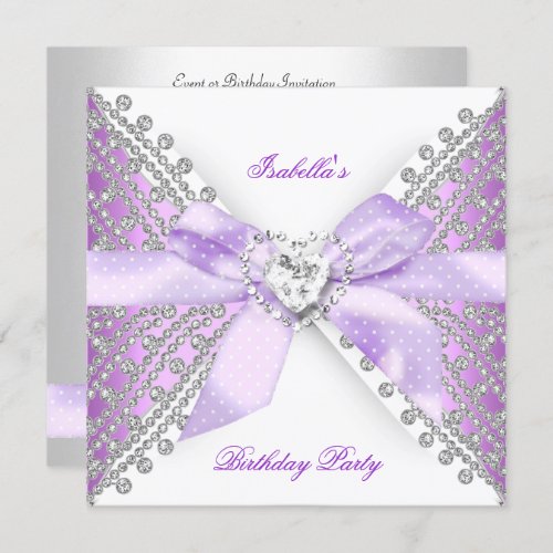 Birthday Party Lilac Purple Silver White Diamond Invitation