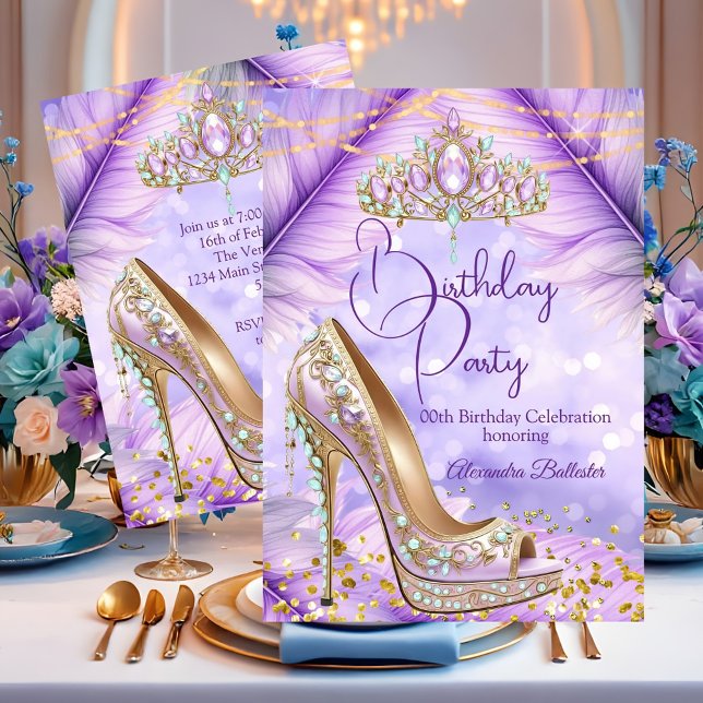 Birthday Party Lilac Teal Tiara Gold Heel Stiletto Invitation (Creator Uploaded)