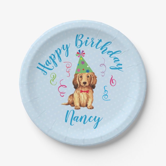 Birthday Party Longhaired Dachshund Paper Plates (Front)