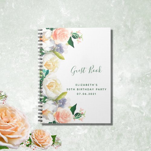 Birthday party lush florals white peach Guest Book