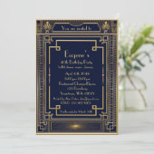 Birthday Party man, gold Gatsby style, navy Invitation (Standing Front)