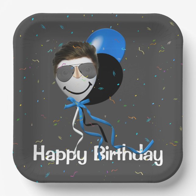 Birthday Party Man on Balloon Paper Plates (Front)