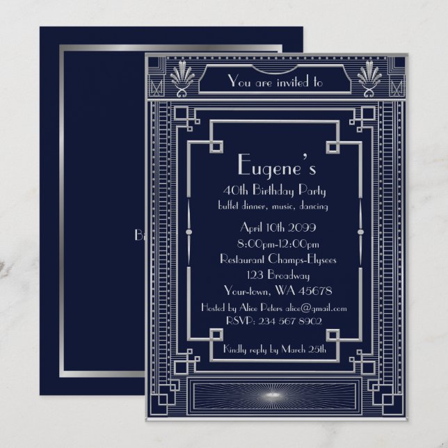 Birthday Party man,silver Gatsby style,navy Invitation (Front/Back)