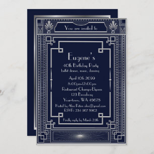Birthday Party man,silver Gatsby style,navy Invitation