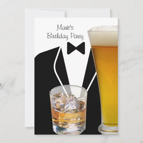 Birthday Party Mans Mens Beer Scotch Tuxedo Invitation