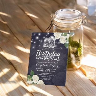 Birthday Party Mason Jars Hydrangea String Lights Invitation