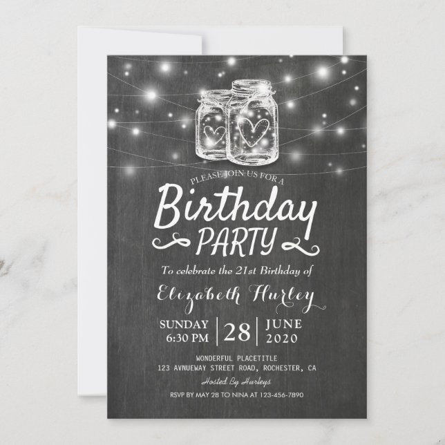 Birthday Party Mason Jars String Lights Chalkboard Invitation (Front)