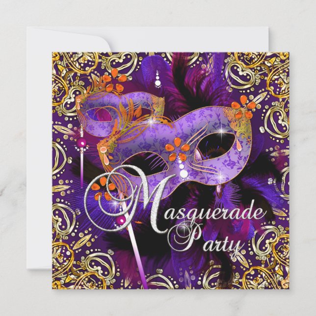 Birthday Party Masquerade Purple Orange Gold Invitation (Front)