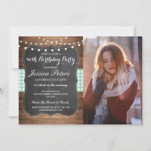 Birthday Party Mint Check Rustic Chalk Wood Photo Invitation