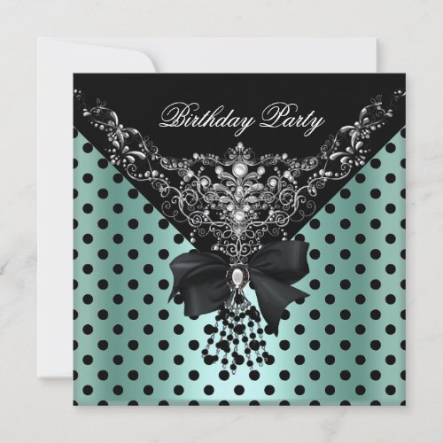 Birthday Party Mint Green Black Spot Polka dots Invites