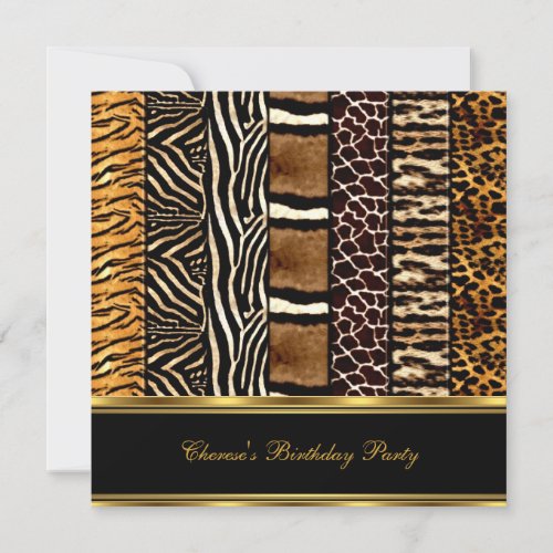 Birthday Party Mixed Animal Prints Gold Black 2 Invitation