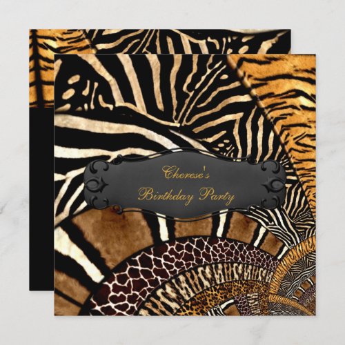 Birthday Party Mixed Animal Prints Gold Black 3 Invitation