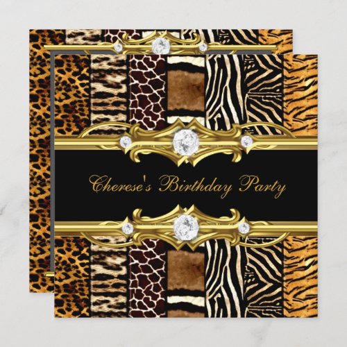 Birthday Party Mixed Animal Prints Gold Black Invitation