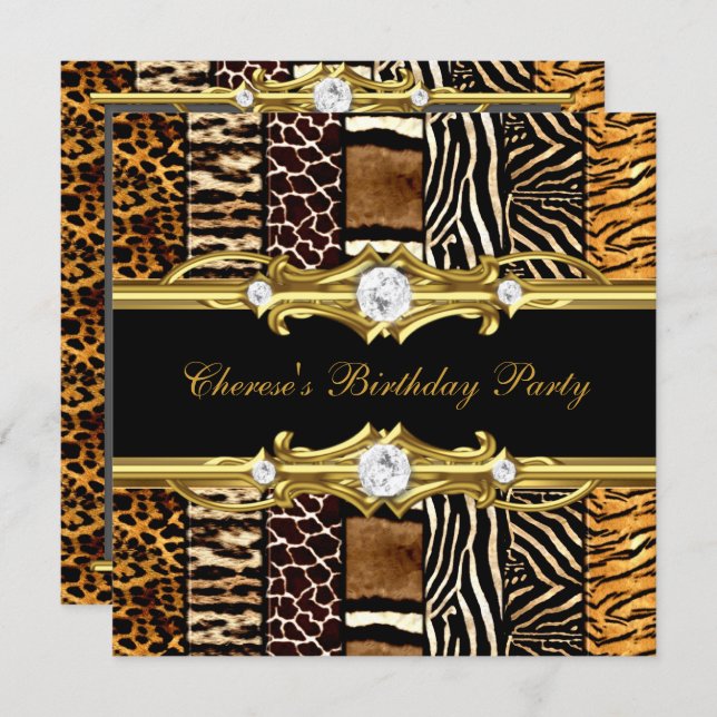 Birthday Party Mixed Animal Prints Gold Black Invitation (Front/Back)