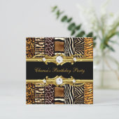 Birthday Party Mixed Animal Prints Gold Black Invitation (Standing Front)