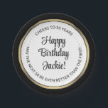 Birthday Party Modern Black, White & Gold Round Paper Plates<br><div class="desc">Add an elegant touch to birthday party decorations with custom black, white and gold round paper plates. All wording on this template is simple to personalize. The design features a round faux foil border, modern script calligraphy, and stylish vintage typography. It can be customized for any occasion or to include...</div>
