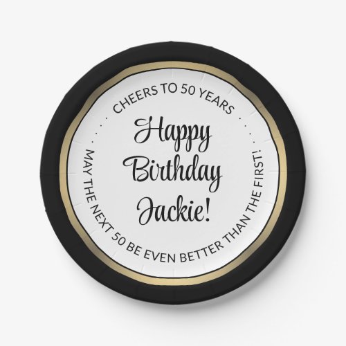  Birthday Party Modern Black White  Gold Round Paper Plates