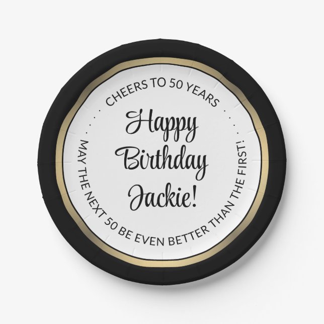  Birthday Party Modern Black, White & Gold Round Paper Plates (Front)