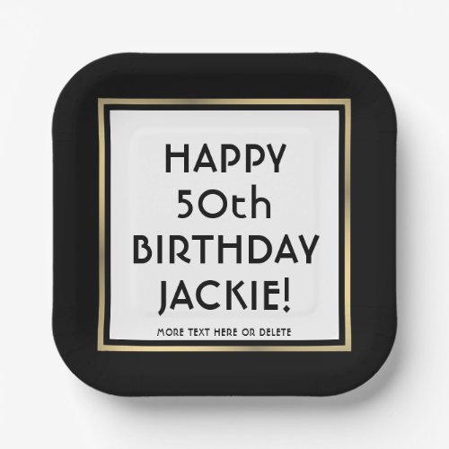 Birthday Party Modern Black White  Gold Square Paper Plates