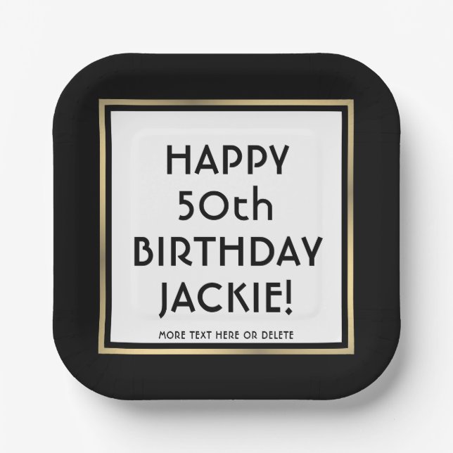 Birthday Party Modern Black, White & Gold Square Paper Plates (Front)