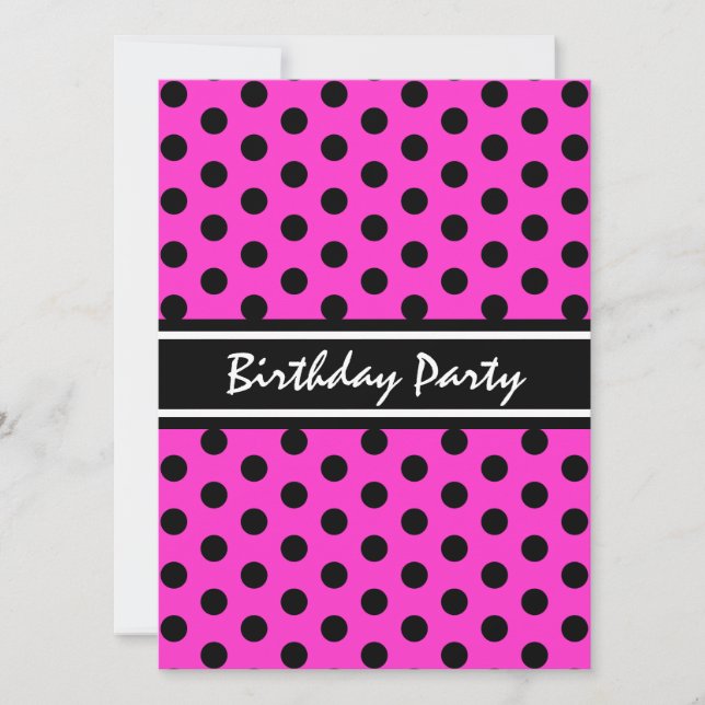 Birthday Party Modern Pink and Black Polka Dot Invitation (Front)