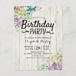 Birthday Party Modern Succulent Plants Rustic Wood Invitation Postcard