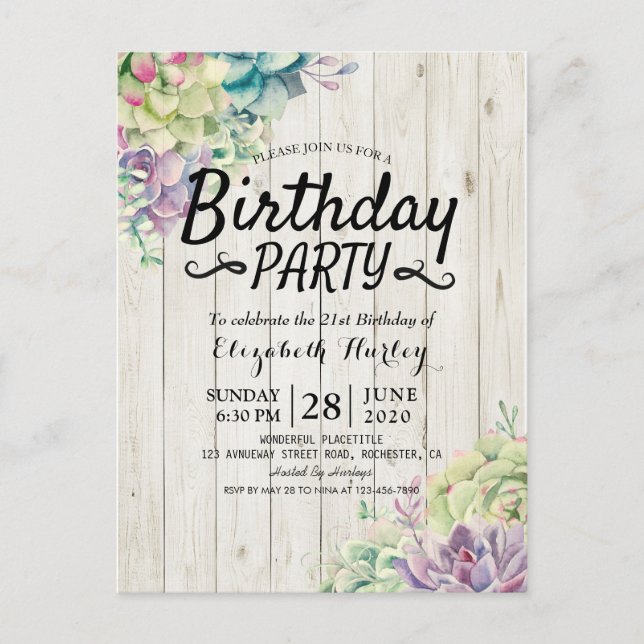 Birthday Party Modern Succulent Plants Rustic Wood Invitation Postcard (Front)