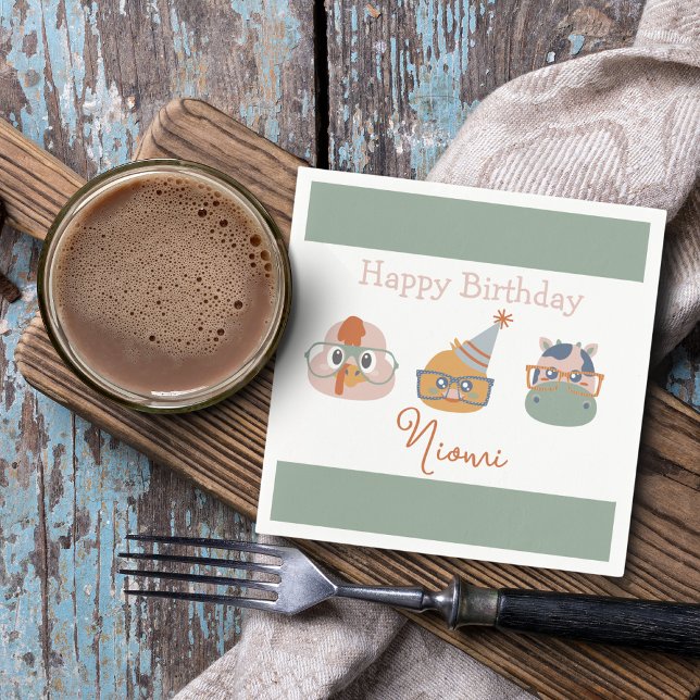 Birthday Party Napkins Animals (Farm Animal Birthday Napkins Turkey Chicken Cow Green Border)