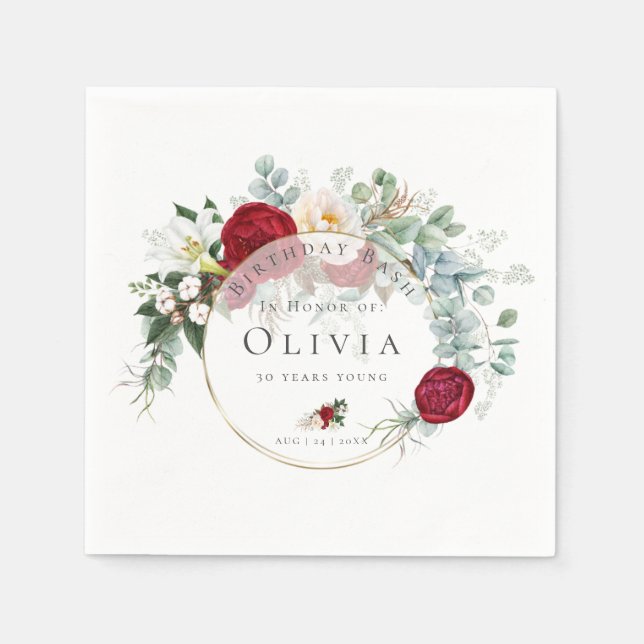 Birthday Party Napkins | Vibrant Red Peony Bouquet (Front)