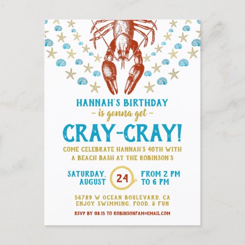 Birthday Party  Nautical Beach Crayfish Adult Invitation Postcard