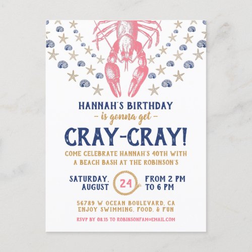 Birthday Party Nautical Beach Crayfish Coral Navy Invitation Postcard