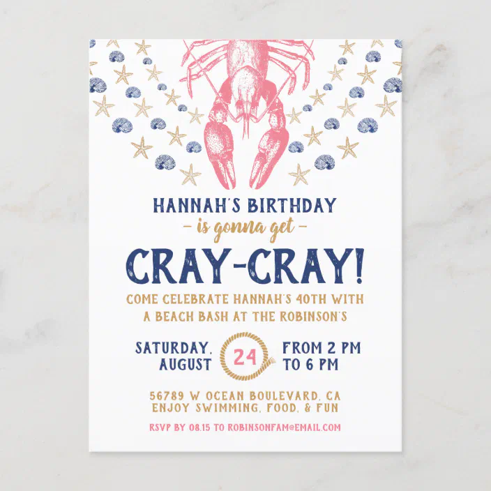 Birthday Party Nautical Beach Crayfish Coral Navy Invitation Postcard Zazzle Com