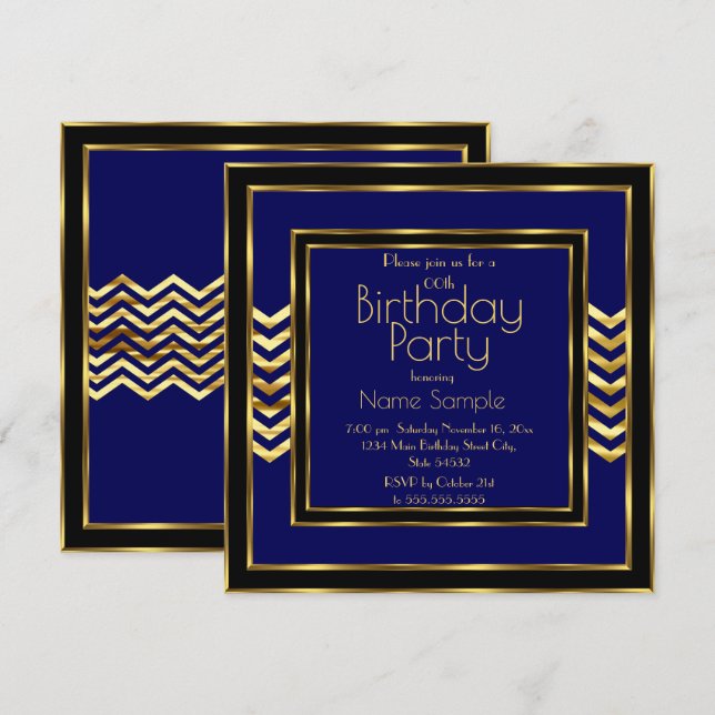 Birthday Party Navy Blue Black Gold Art Deco  Invitation (Front/Back)