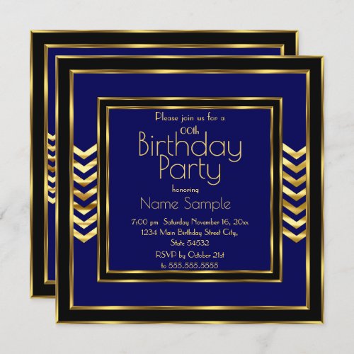 Birthday Party Navy Blue Black Gold Art Deco  Invitation