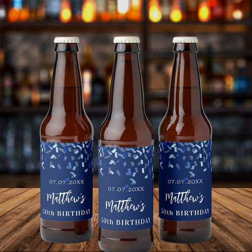 Birthday party navy blue confetti name beer bottle label