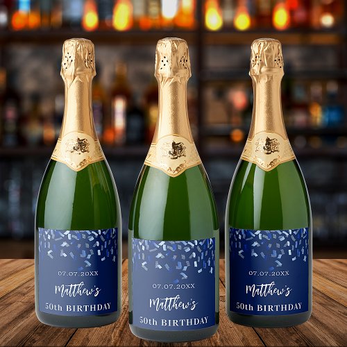 Birthday party navy blue confetti name  sparkling wine label
