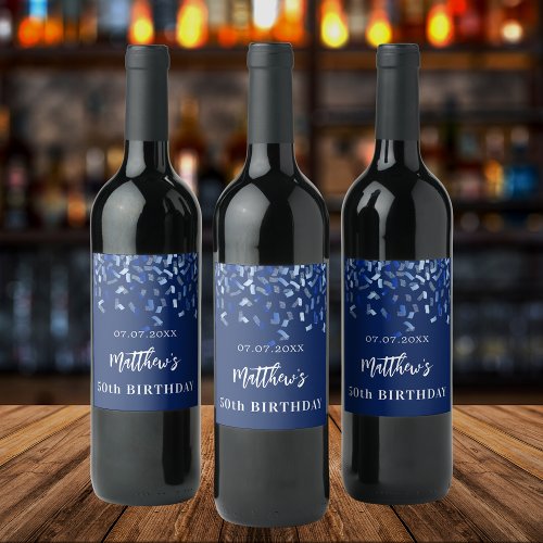 Birthday party navy blue confetti name  wine label