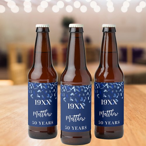 Birthday party navy blue confetti name years beer bottle label