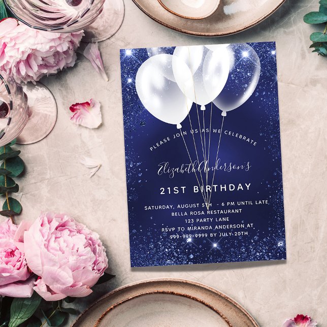 Birthday party navy blue glitter balloons luxury invitation (Creator Uploaded)