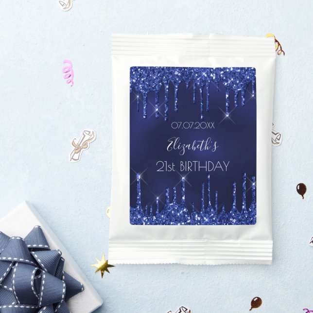 Birthday party navy blue glitter drips name hot chocolate drink mix (Packets)