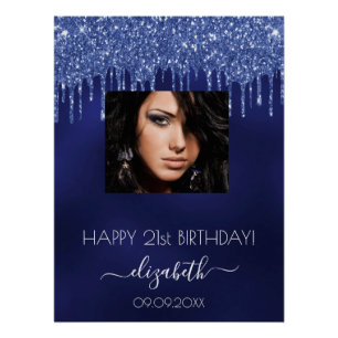 Birthday party navy blue glitter drips photo poster