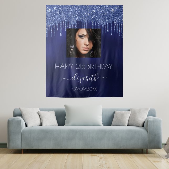 Birthday party navy blue glitter drips photo tapestry (Creator Uploaded)
