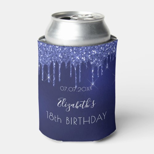 Birthday party navy blue glitter drips white name can cooler