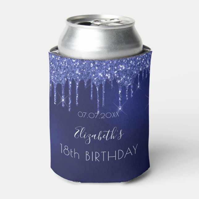Birthday party navy blue glitter drips white name can cooler (Can Front)