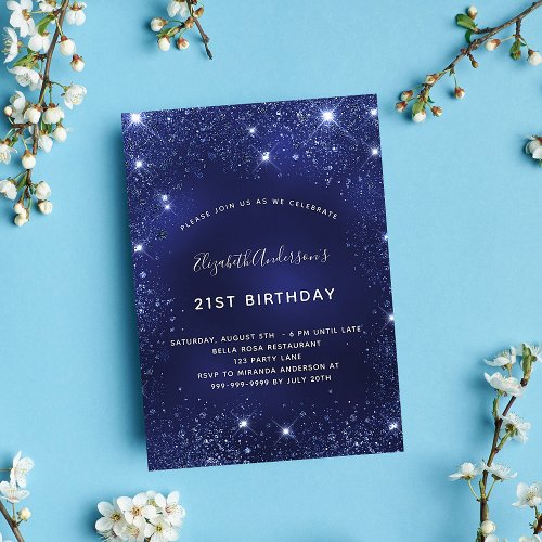 Birthday party navy blue glitter glamorous invitation